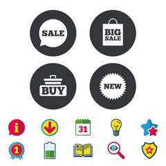 Obraz premium Sale speech bubble icon. Buy cart symbol. New star circle sign. Big sale shopping bag. Calendar, Information and Download signs. Stars, Award and Book icons. Light bulb, Shield and Search. Vector