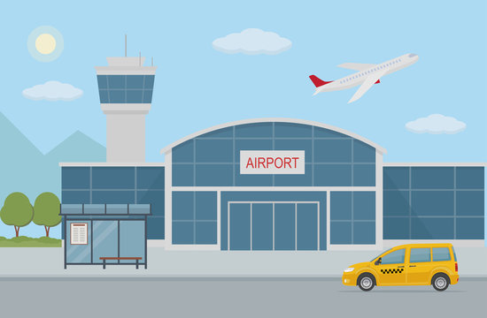 Airport building, taxi cab and bus stop. Flat style, vector illustration

