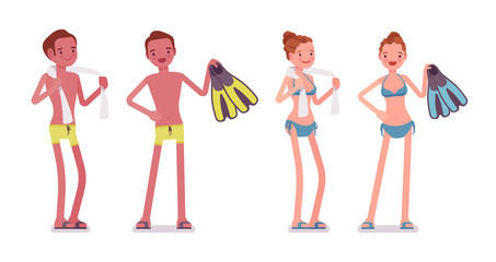 Standing young man and woman with towel and flippers set © andrew_rybalko