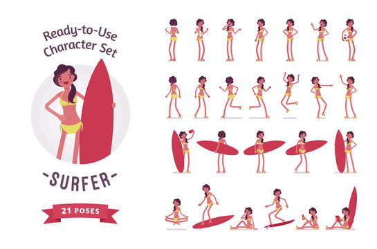 Ready-to-use surfer woman character set, various poses and emotions