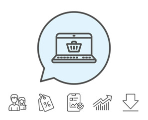 Online Shopping cart line icon. Laptop sign. Supermarket basket symbol. Report, Sale Coupons and Chart line signs. Download, Group icons. Editable stroke. Vector
