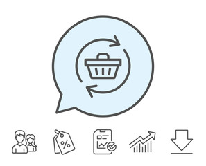 Update Shopping cart line icon. Online buying sign. Supermarket basket symbol. Report, Sale Coupons and Chart line signs. Download, Group icons. Editable stroke. Vector