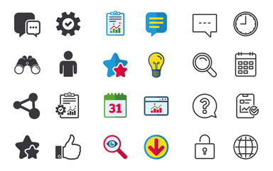 Social media icons. Chat speech bubble and Share link symbols. Like thumb up finger sign. Human person profile. Chat, Report and Calendar signs. Stars, Statistics and Download icons. Vector