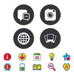 Fototapeta premium Social media icons. Chat speech bubble and world globe symbols. Hipster photo camera sign. Photo frames. Calendar, Information and Download signs. Stars, Award and Book icons. Vector