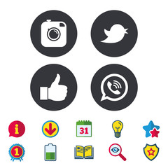 Hipster photo camera icon. Like and Call speech bubble sign. Bird symbol. Social media icons. Calendar, Information and Download signs. Stars, Award and Book icons. Light bulb, Shield and Search