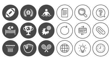 Sport games, fitness icons. Football, golf and baseball signs. Swimming, rugby and winner medal symbols. Document, Globe and Clock line signs. Lamp, Magnifier and Paper clip icons. Vector