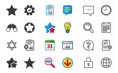 Star of David icons. Sheriff police sign. Symbol of Israel. Chat, Report and Calendar signs. Stars, Statistics and Download icons. Question, Clock and Globe. Vector