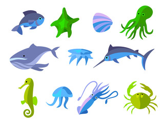 set of flat icons of aquatic animals  