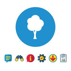 Tree sign icon. Forest symbol. Information, Report and Speech bubble signs. Binoculars, Service and Download icons. Vector