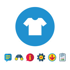 T-shirt sign icon. Clothes symbol. Information, Report and Speech bubble signs. Binoculars, Service and Download icons. Vector
