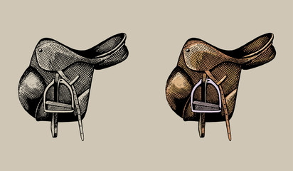 leather equestrian saddle, hand drawn illustration