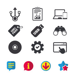 Usb flash drive icons. Notebook or Laptop pc symbols. Smartphone device. CD or DVD sign. Compact disc. Browser window, Report and Service signs. Binoculars, Information and Download icons. Vector