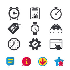 Mechanical clock time icons. Stopwatch timer symbol. Wake up alarm sign. Browser window, Report and Service signs. Binoculars, Information and Download icons. Stars and Chat. Vector