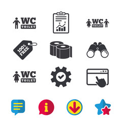Toilet paper icons. Gents and ladies room signs. Man and woman symbols. Browser window, Report and Service signs. Binoculars, Information and Download icons. Stars and Chat. Vector