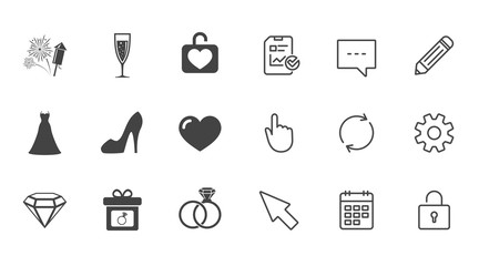 Wedding, engagement icons. Locker with heart, gift box and fireworks signs. Dress, heart and champagne glass symbols. Chat, Report and Calendar line signs. Service, Pencil and Locker icons. Vector