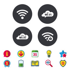 Free Wifi Wireless Network cloud speech bubble icons. Wi-fi zone locked symbols. Password protected Wi-fi sign. Calendar, Information and Download signs. Stars, Award and Book icons. Vector