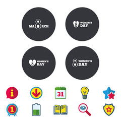 8 March Women's Day icons. Tulips or rose flowers bouquet and heart sign symbols. Calendar, Information and Download signs. Stars, Award and Book icons. Light bulb, Shield and Search. Vector
