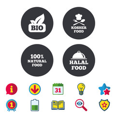 100% Natural Bio food icons. Halal and Kosher signs. Chief hat with fork and spoon symbol. Calendar, Information and Download signs. Stars, Award and Book icons. Light bulb, Shield and Search. Vector