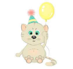 Cute cat with a balloon cartoon character vector illustration. Pretty kitten.
