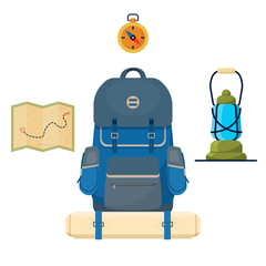 Set of camp and tourist accessories (Backpack, compass, lamp, map). Vector illustration.