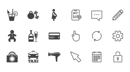 Hotel, apartment service icons. Fitness gym. Alcohol cocktail, taxi and hairdryer symbols. Chat, Report and Calendar line signs. Service, Pencil and Locker icons. Click, Rotation and Cursor. Vector
