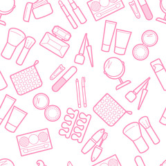 Cosmetic simless pattern. Mascara, lipstick, powder, eye shadow, perfume, cream, foundation, eye liner, mirror, hair comb and other make-up background. Make-up visage backdrop.