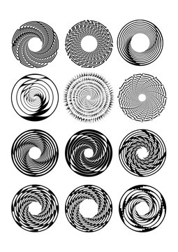 Circle design shape set in monochrome drawing, swirly abstract minimalist shapes