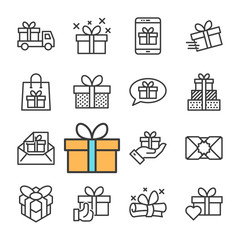 Vector black line Gifts icons set