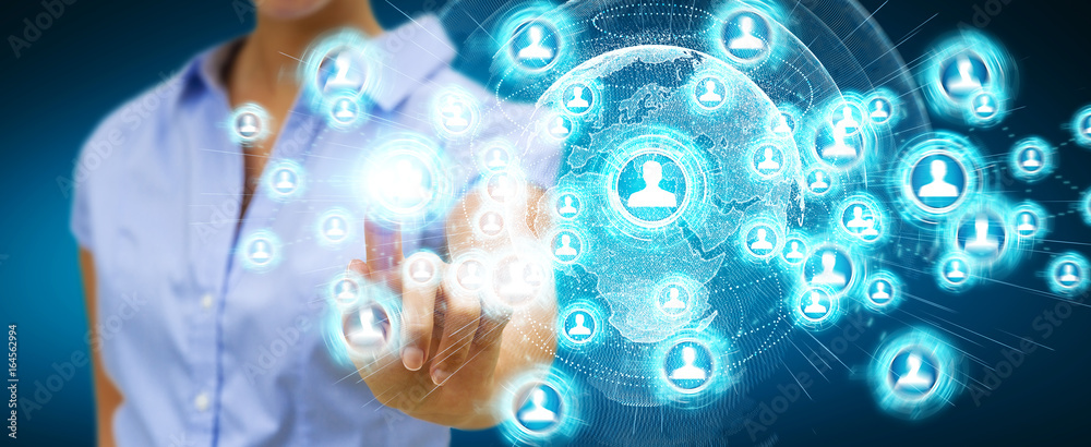 Poster businesswoman using social network interface 3d rendering