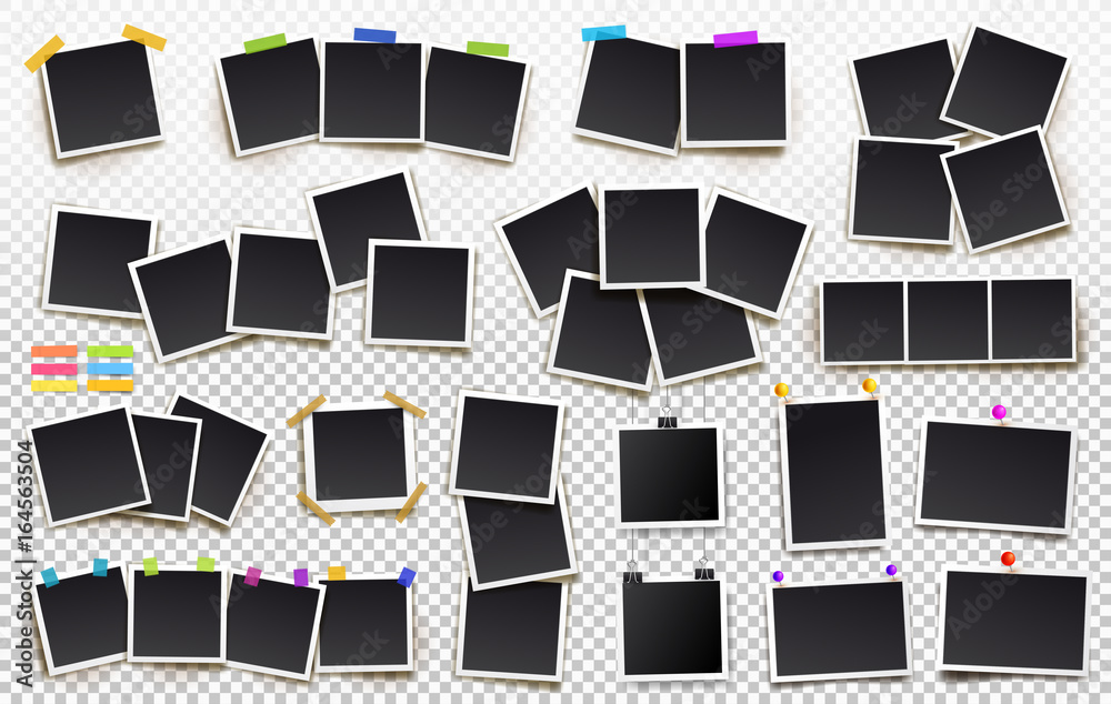Wall mural big set of square vector photo frames on sticky tape, pins and rivets. vertical and horizontal templ