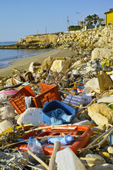 Fototapeta na wymiar Great environmental and ecological problem, waste and rubbish in world ocean water and on the beach