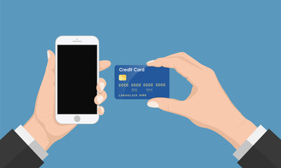 Flash Design style Human hand holding with credit card ,isolate on blue background ,vector design Element illustration