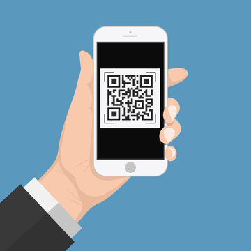 Flash Design with long shadow the smart phone with  QR code  on screen. The concept is QR code Scan on Smart Phone ,vector design Element illustration