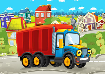 happy and funny cartoon truck looking and smiling driving through the city - illustration for children