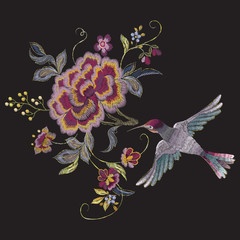Embroidery oriental floral pattern with bird and roses. - 164565177