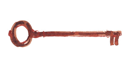 Single long vintage rusty skeleton key painted in watercolor on clean white background