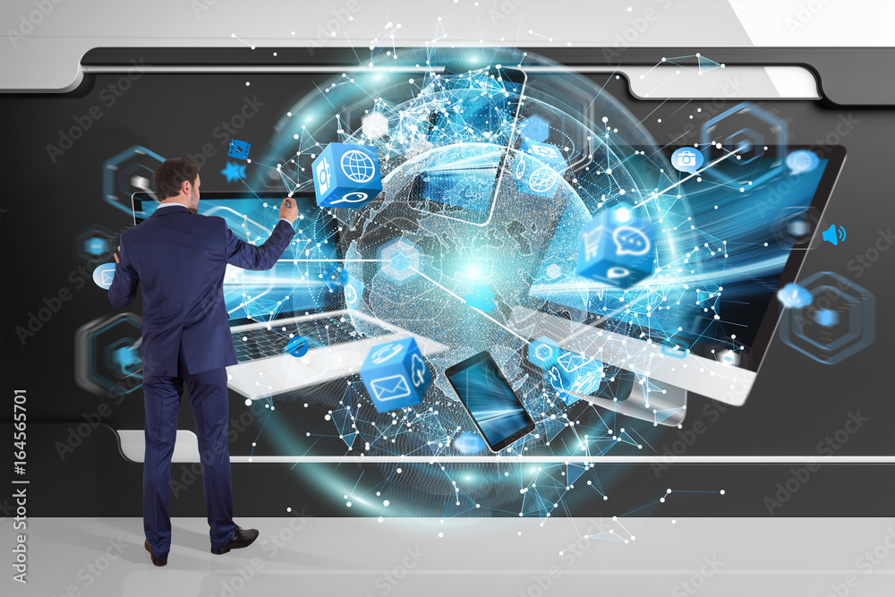 Poster Tech devices connected to each other by businessman 3D rendering