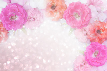 beautiful pink,orange,white roses flower border glitter background for valentine in pastel tone 
