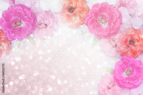 Beautiful Pink Orange White Roses Flower Border Glitter Background For Valentine In Pastel Tone Wall Mural Doucefleur