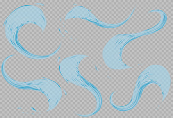 Set of transparent water splashes, aqua drops in light blue colors, isolated on transparent background. Transparency only in vector file. created with gradient mesh