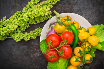 Set organic food. Fresh raw vegetables for salad. On a old black background. Top view. Close-up