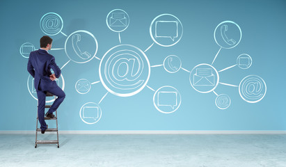 Businessman watching contact and internet sketch on a wall 3D rendering