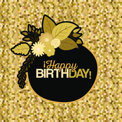Fototapeta premium sepia color pixel background with circular frame with decorative flowers and text happy birthday inside vector illustration