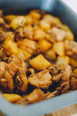 Chicken adobo Filipino food. Asian food stir fry chicken with soy sauce, Philippine traditional food.