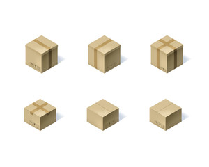 Set of six isometric cardboard boxes isolated on white.