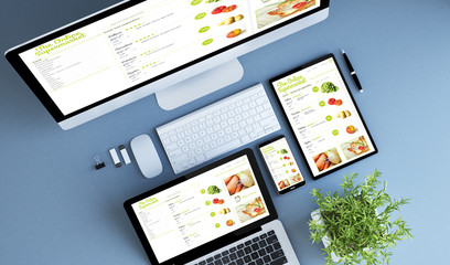 top view blue devices online supermarket