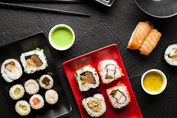 Sushi set on black background