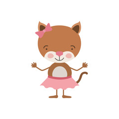 colorful caricature of cute expression female kitten in skirt with bow lace vector illustration