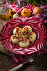 Potato dumplings with bacon.