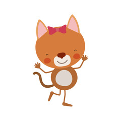 colorful caricature of cute expression female cat in dance pose with bow lace vector illustration